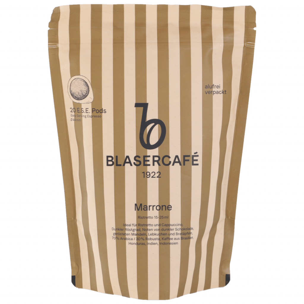 Ein Tüte Blasercafé Marrone auf weißem HIntergrund.
