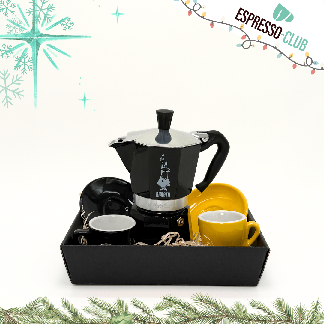X-MAS Bundle – Asti/Milano Espressotassen (2 Stück) + Bialetti Herdkocher schwarz für 6 Tassen