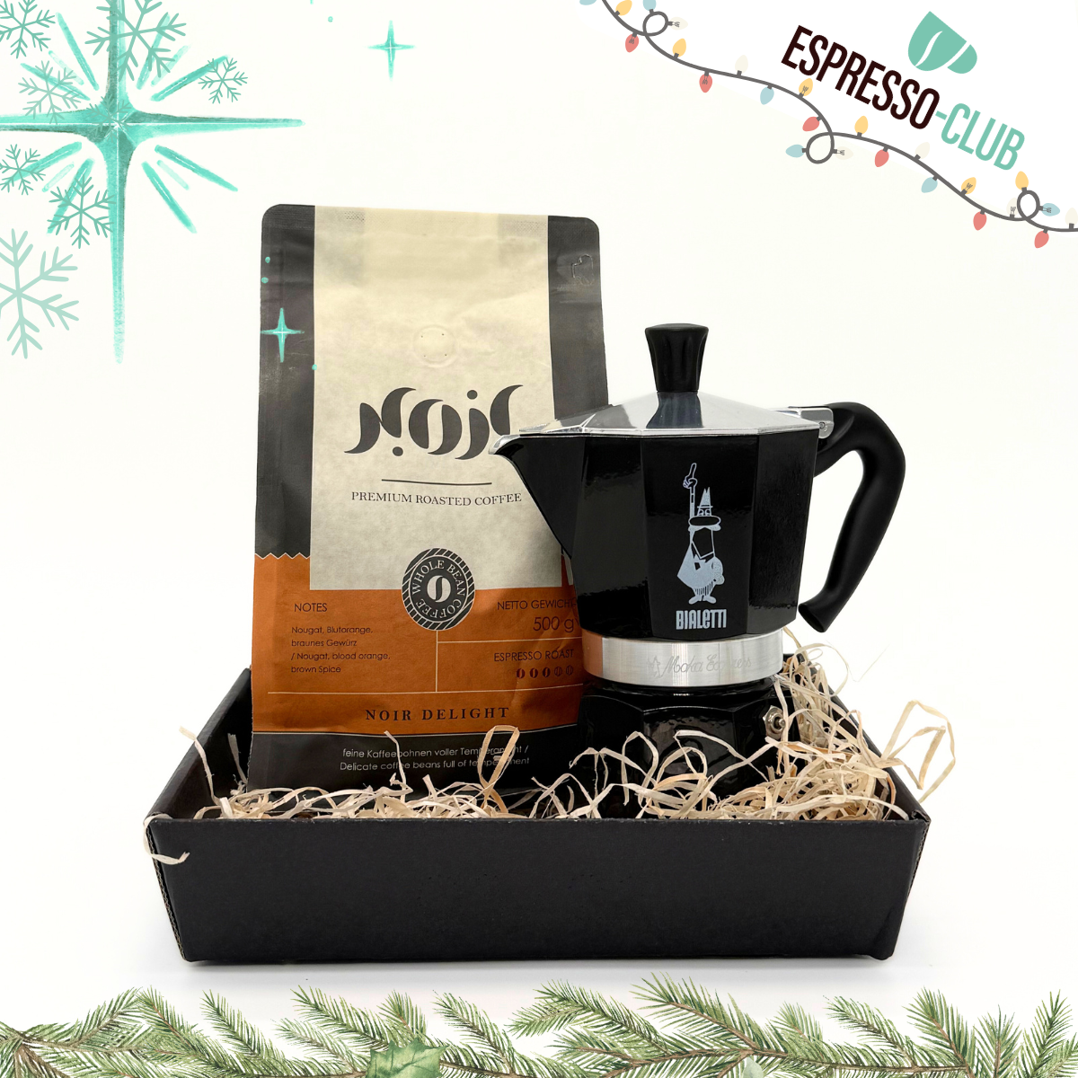 X-MAS Bundle – Bialetti Herdkännchen Alu Schwarz (für 6 Tassen) + Noir Velvet/Delight 500g