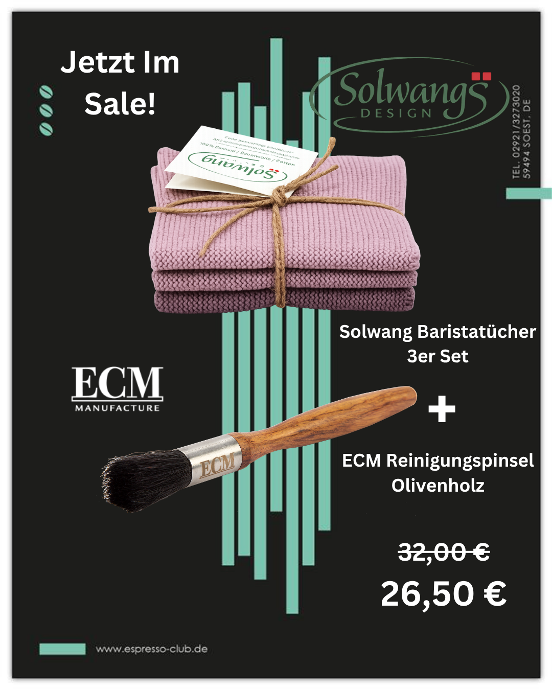 Barista Care Set – ECM Reinigungspinsel Olive & Solwang Baristatücher 3er Set