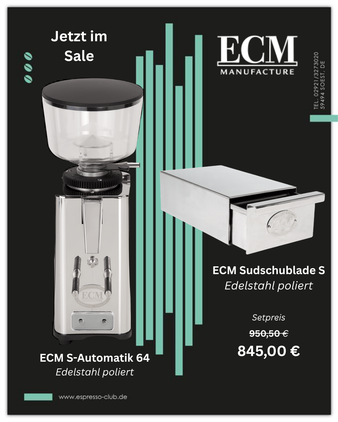 ECM Set S-Automatik 64 Edelstahl poliert + Sudschublade S Edelstahl poliert